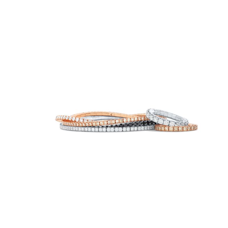 Deutsch Designs Stackable Diamond Bracelets And Rings With Extensible Design Set In White, Yellow, And Rose Gold